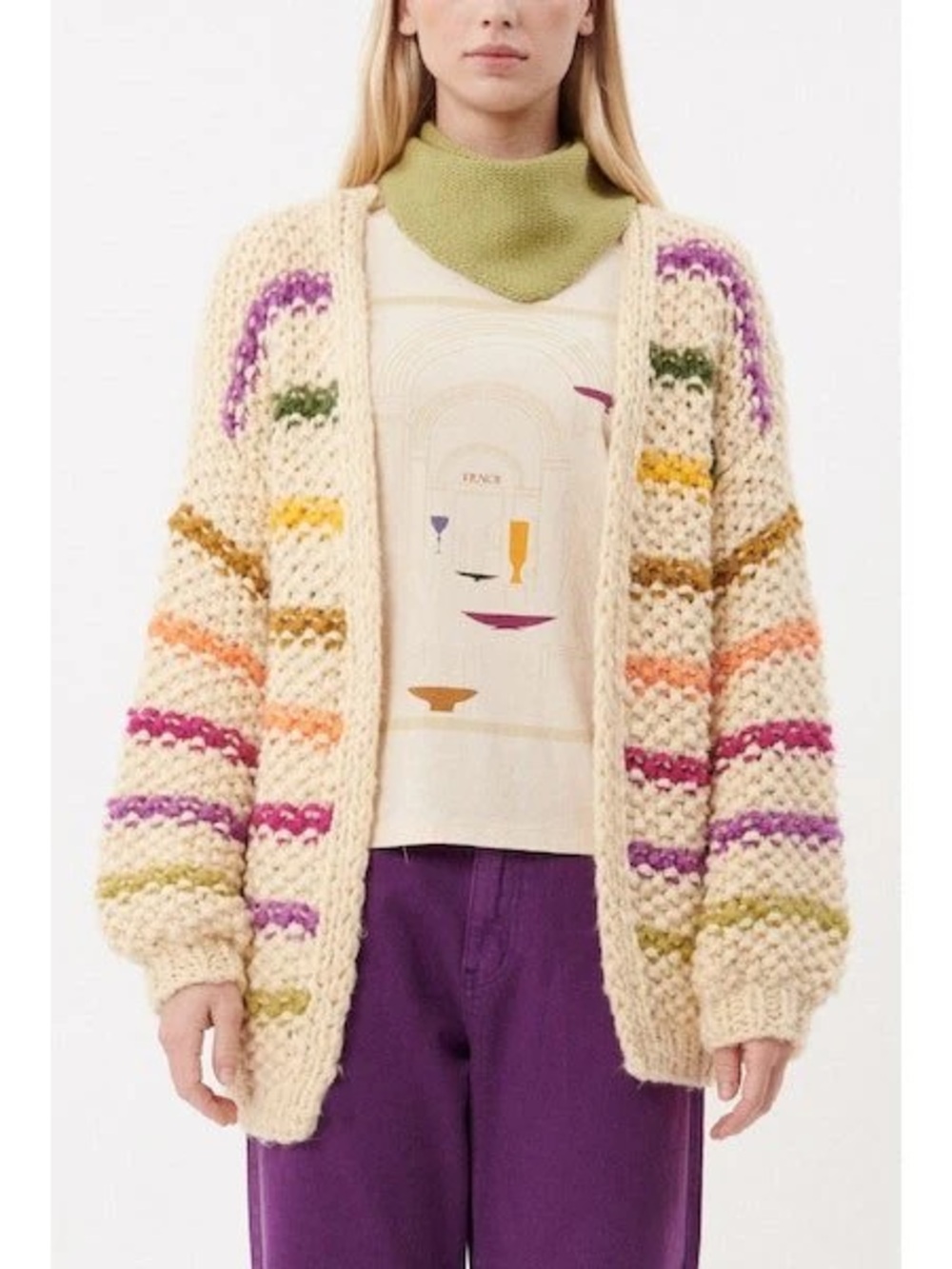 FRNCH Creme Lobelia Cardi Cream Striped Chunky Knit size S/M retails $155 - Picture 3 of 9